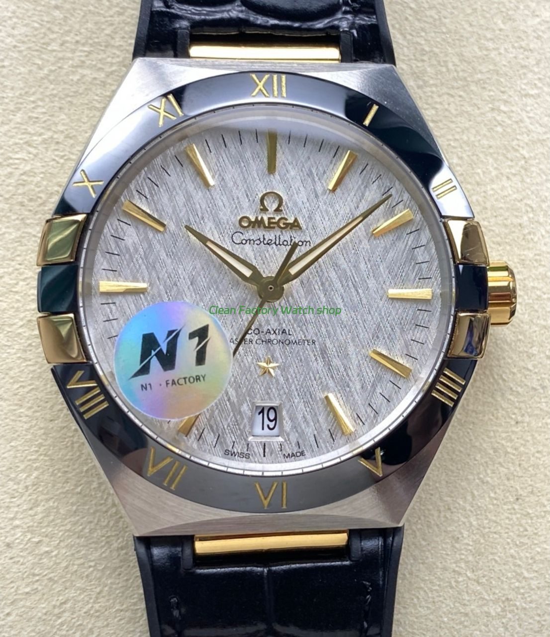 N1 Factory Omega Constellation 131.23.41.21.06.002 41mm Half Yellow Glod Black Leather Strap Grey Dial 6 Clean Factory Watch