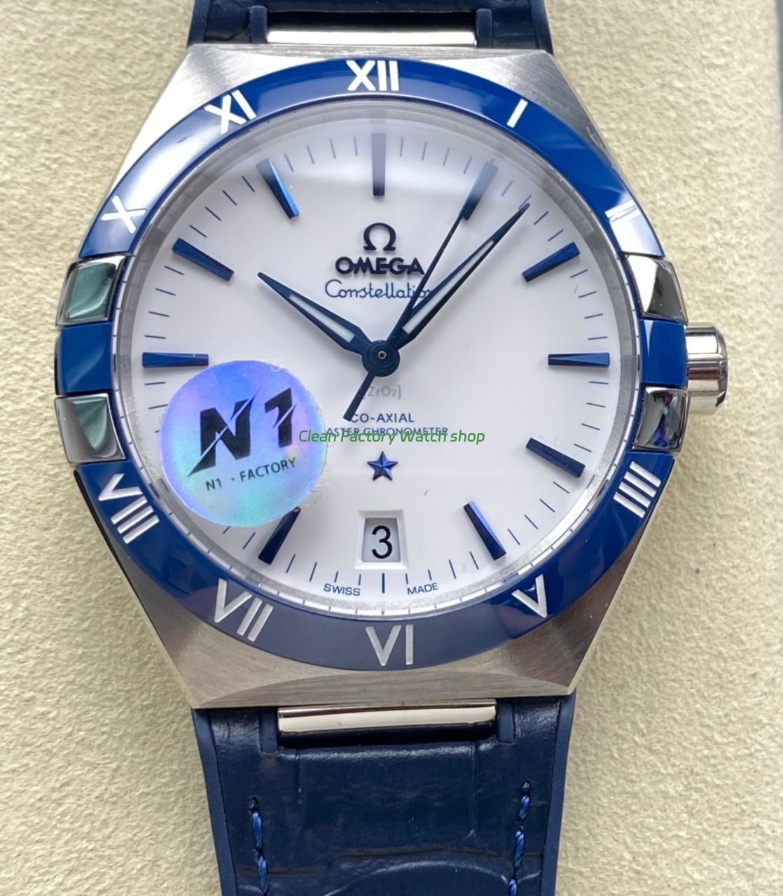 N1 Factory Omega Constellation 131.33.41.21.04.001 41mm Steel Blue Leather Strap White Dial 9 Clean Factory Watch
