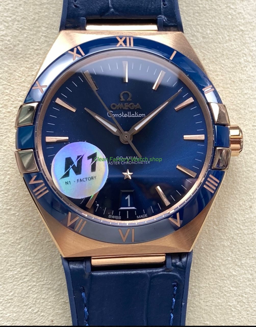 N1 Factory Omega Constellation 131.63.41.21.03.001 41mm Rose Gold Blue Leather Strap Blue Dial 1 N1 Factory Omega Constellation 131.63.41.21.03.001 41mm Rose Gold Blue Leather Strap Blue Dial 6 Clean Factory Watch