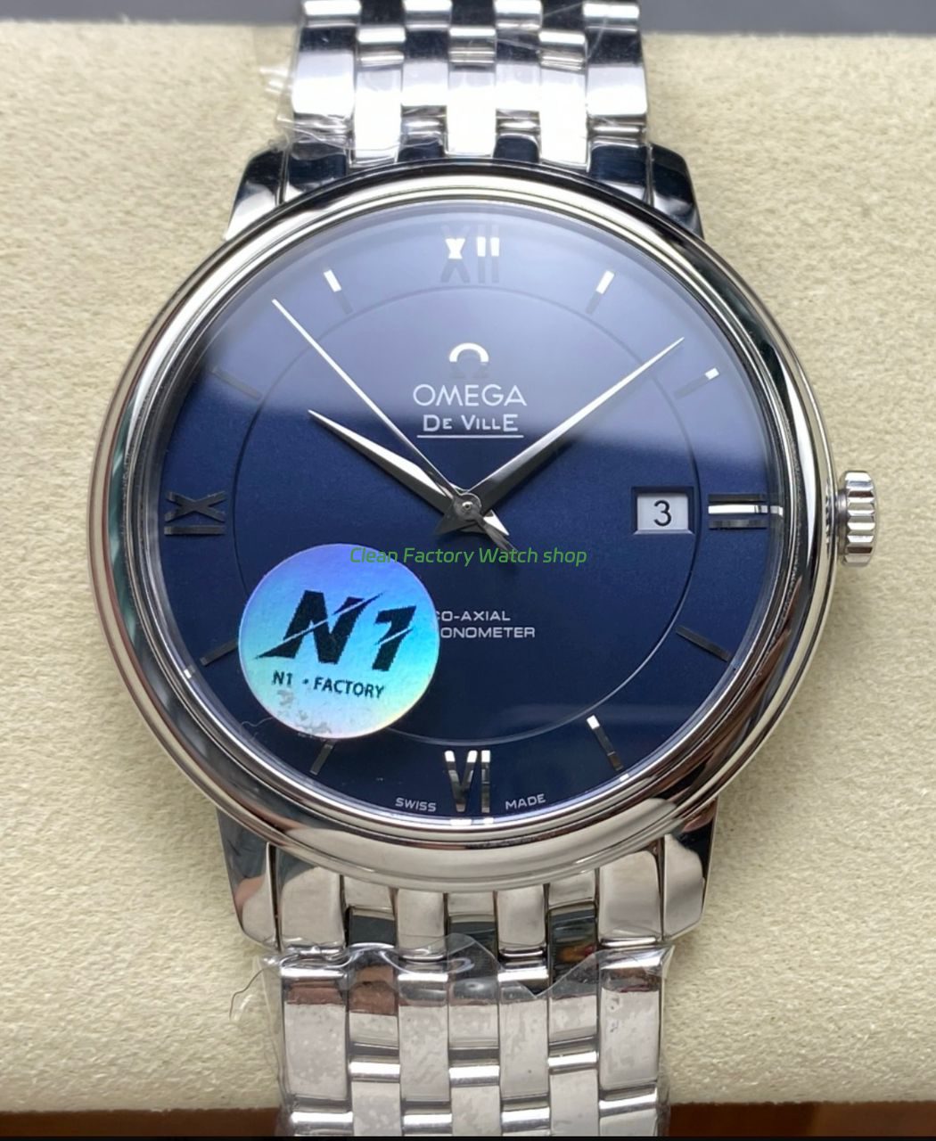 N1 Factory Omega De Ville Co Axial 424.10.37.20.03.001 39.5mm Full Steel Roman Number Blue Dial 1 Clean Factory Watch