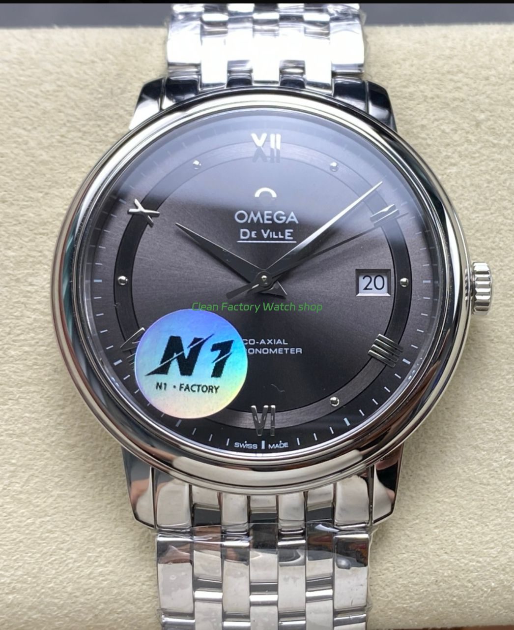 N1 Factory Omega De Ville Co Axial 424.10.40.20.06.001 39.5mm Full Steel Roman Number Grey Dial 7 Clean Factory Watch