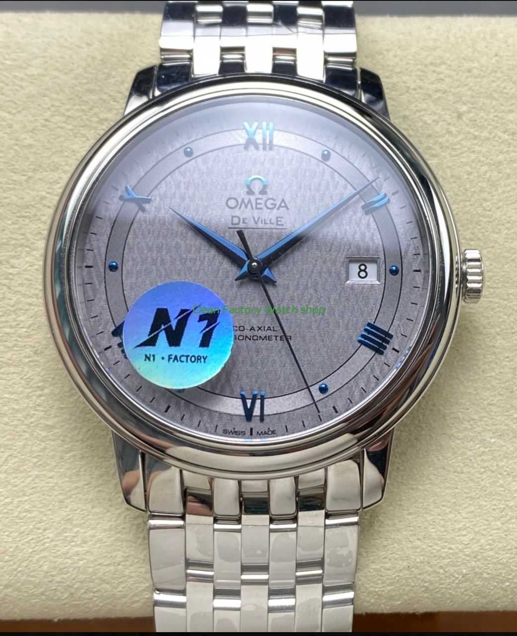 N1 Factory Omega De Ville Co Axial 424.10.40.20.06.002 39.5mm Full Steel Roman Number Grey Dial 1 Clean Factory Watch