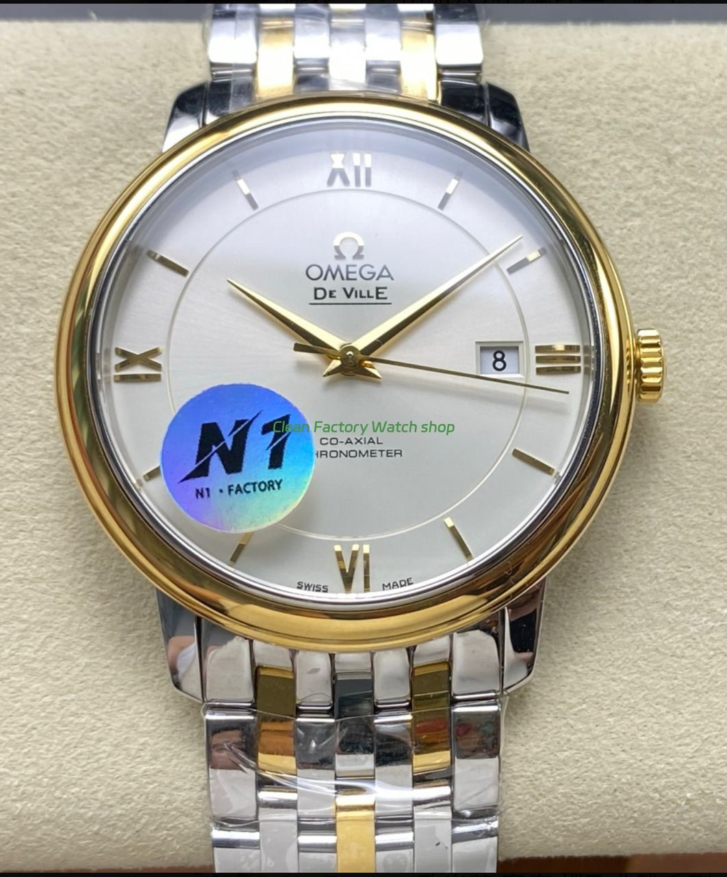 N1 Factory Omega De Ville Co-Axial 424.20.40.20.02.001 39.5mm Half Yellow Gold Roman Number Silver Dial 1 N1 Factory Omega De Ville Co Axial 424.20.40.20.02.001 39.5mm Half Yellow Gold Roman Number Silver Dial 8 Clean Factory Watch