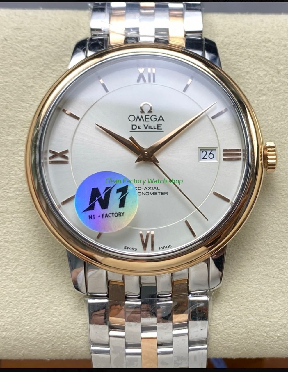 N1 Factory Omega De Ville Co-Axial 424.20.40.20.02.005 39.5mm Half Yellow Gold Roman Number Silver Dial 1 N1 Factory Omega De Ville Co Axial 424.20.40.20.02.005 39.5mm Half Yellow Gold Roman Number Silver Dial 7 Clean Factory Watch
