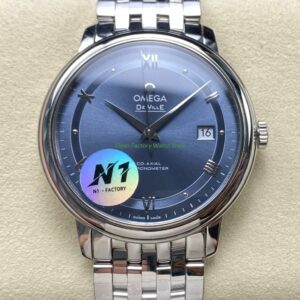 N1 Factory Omega De Ville Co-Axial 424.10.37.20.03.001 39.5mm Full Steel Roman Number Light Blue Dial
