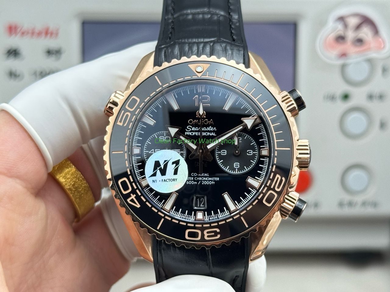 N1 Factory Omega Seamaster Planet Ocean Chronograph 45mm Full Yellow Gold Black Leather Strap Black Dial 1 N1 Factory Omega Seamaster Planet Ocean Chronograph 45mm Full Yellow Gold Black Leather Strap Black Dial 6 Clean Factory Watch