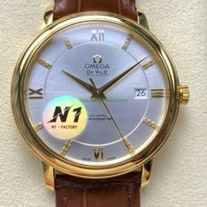N1 Factory Omega De Ville Co-Axial 424.53.40.20.52.001 39.5mm Yellow Gold Brown Leather Strap Roman Number Silver Dial