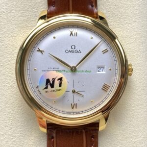 N1 Factory Omega De Ville Prestige 434.53.41.21.02.001 41mm Yellow Gold Brown Leather Strap Roman Numerals Silver Dial