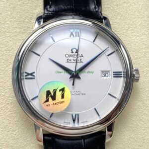N1 Factory Omega De Ville Co-Axial 424.53.40.20.04.001 39.5mm White Gold Black Leather Strap Roman Number Silver Dial