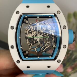 New Factory Richard Mille RM 055 42.7mm White Ceramics Light Blue Rubber Strap Black Skeletonized Dial