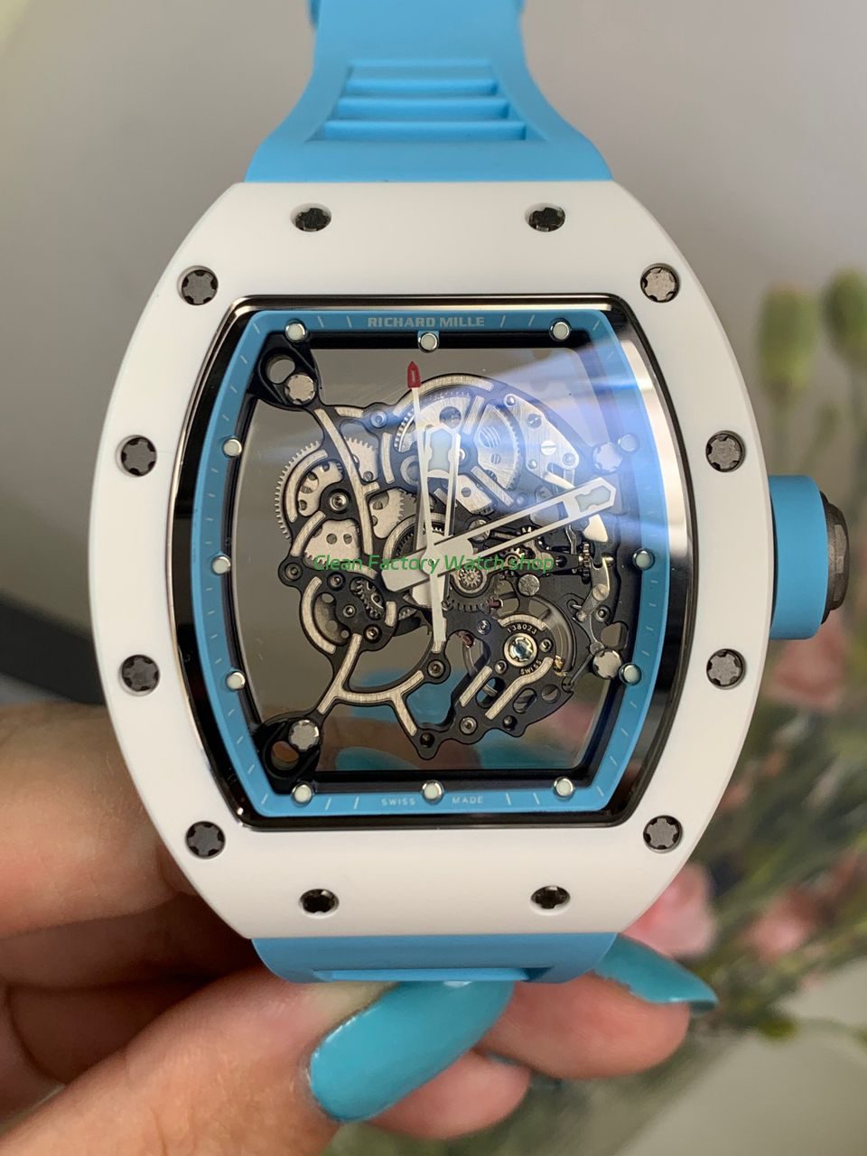 New Factory Richard Mille RM 055 42.7mm White Ceramics Light Blue Rubber Strap Black Skeletonized Dial 1 Clean Factory Watch