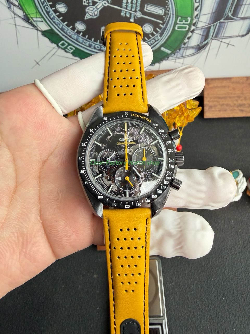 SMF Factory Omega Speedmaster Dark Side Of The Moon 310.92.44.50.01.001 44.25mm Ceramic Yellow Leather Strap Black Dial 1 SMF Factory Omega Speedmaster Dark Side Of The Moon