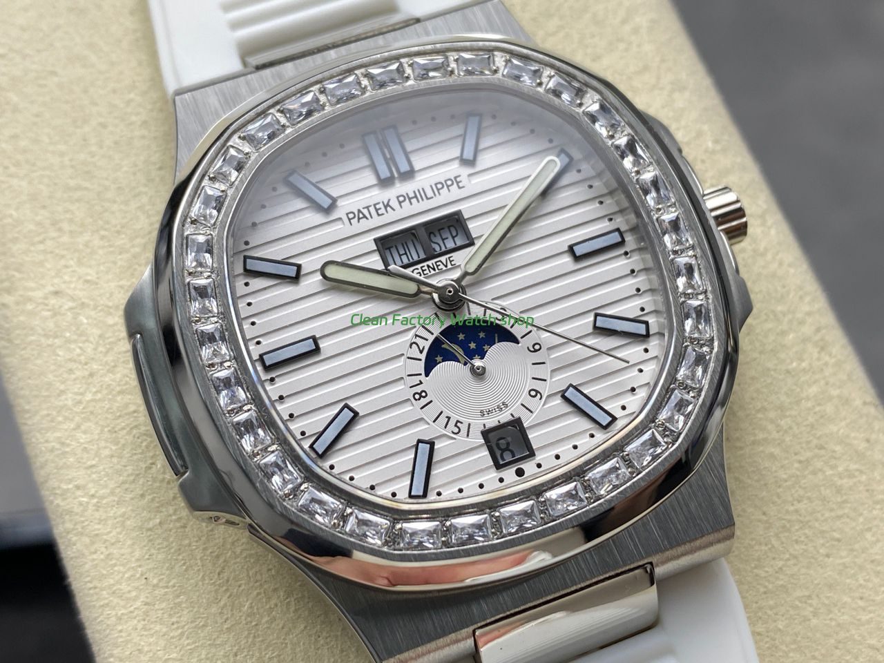 TW Factory Patek Philippe Nautilus 57261A-010 40mm White Rubber Strap Diamond Bezel White Dial (8) TW Factory Patek Philippe Nautilus 57261A-010 40mm White Rubber Strap Diamond Bezel White Dial (8)