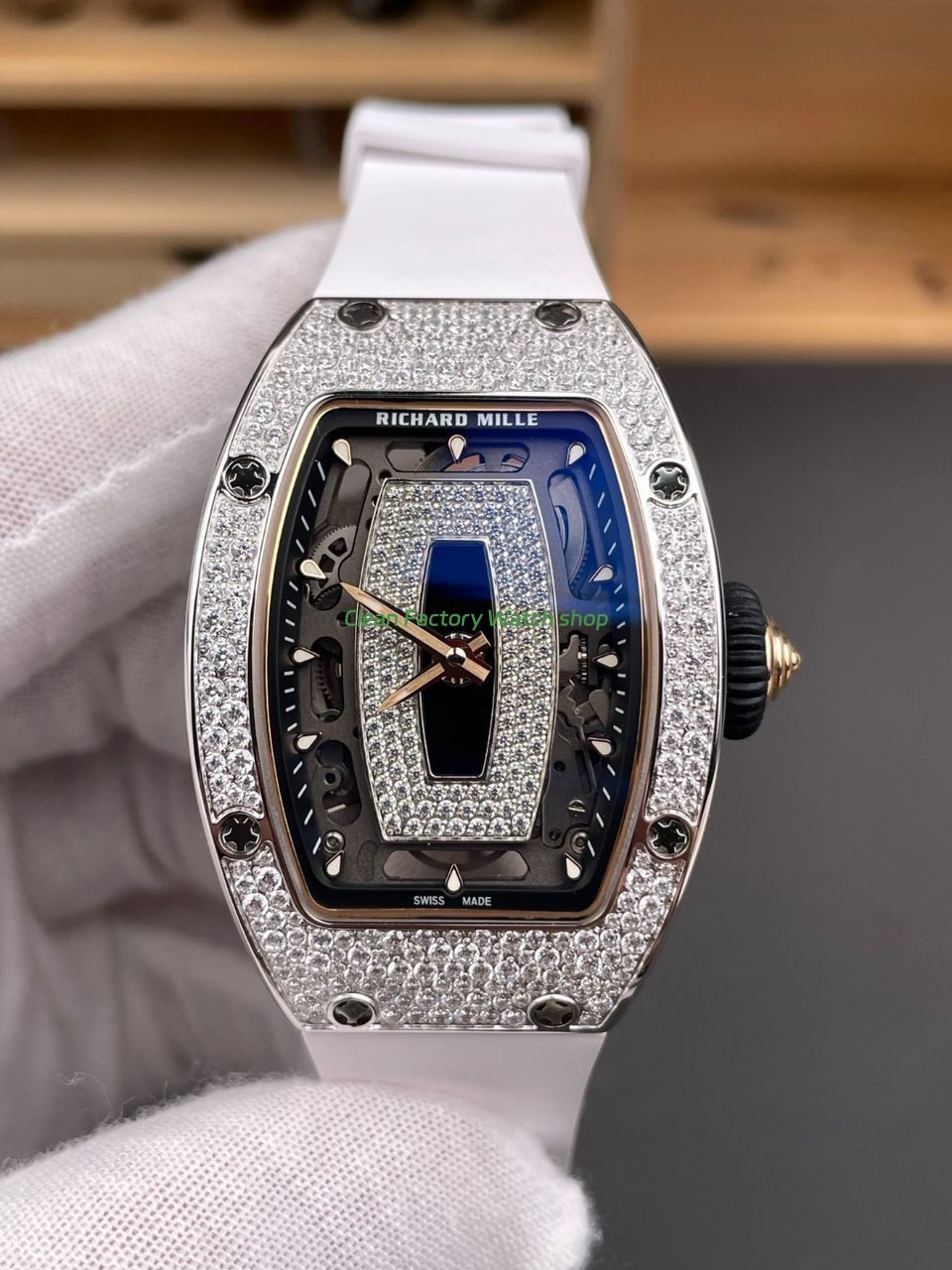 ZF Factory Richard Mille RM 07 31.4mm Diamond Bezel White Rubber Strap Skeletonized Black Dial 1 Richard Mille RM 07 decorative stone-set bezel