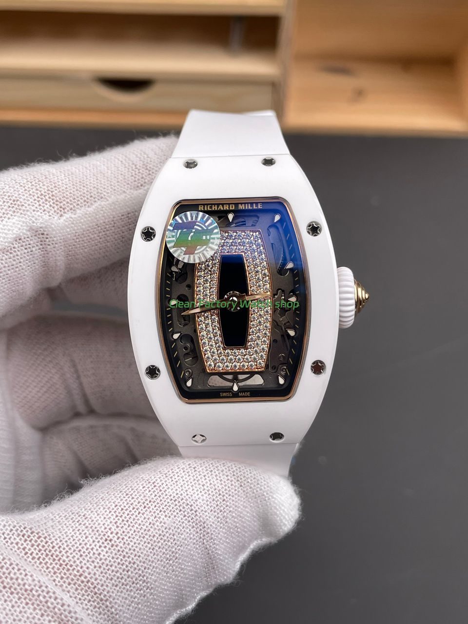 ZF Factory Richard Mille RM 07 31.4mm White Ceramic White Rubber Strap Skeletonized Black Dial 1 ZF Factory RM 07 white ceramic stone-set bezel