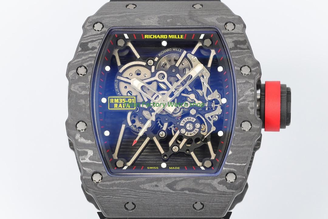 ZF Factory Richard Mille RM 35-01 42mm Black Carbon Fiber Black Rubber Strap Black Skeletonized Dial (4) ZF Factory Richard Mille RM 35-01 42mm Black Carbon Fiber Black Rubber Strap Black Skeletonized Dial (4)