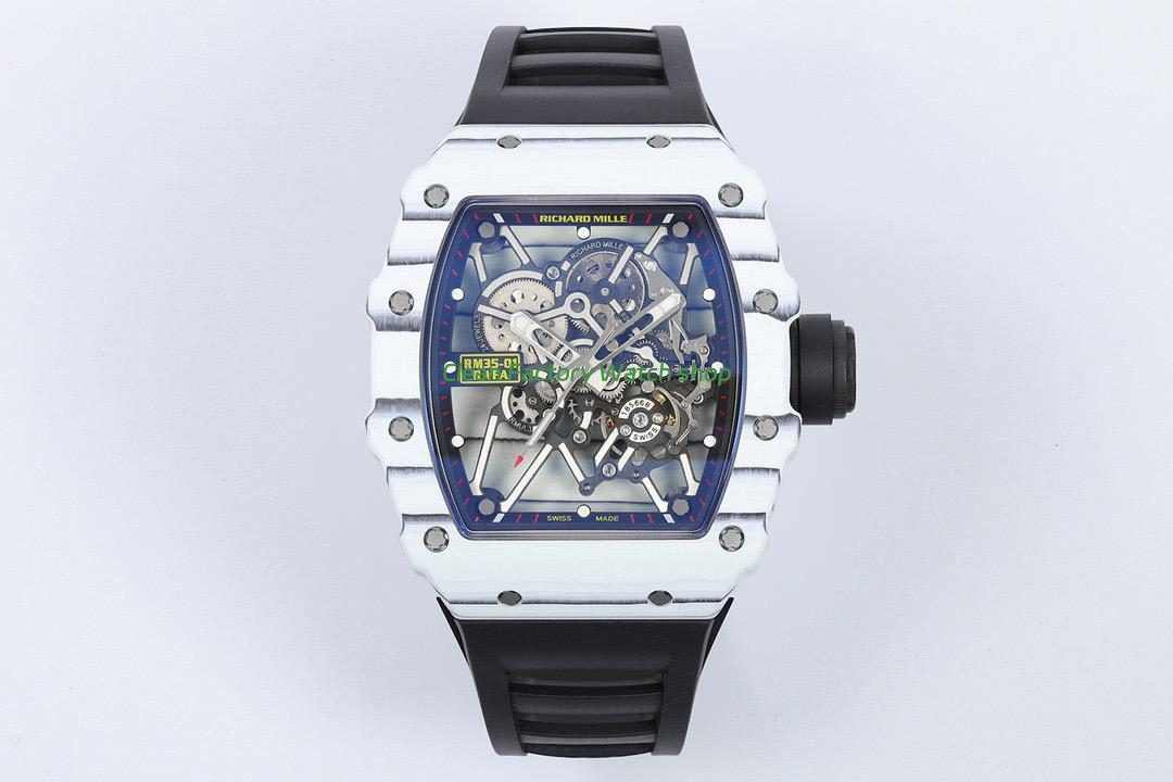 ZF Factory Richard Mille RM 35-01 42mm White Carbon Fiber Black Rubber Strap White Skeletonized Dial 1 ZF Factory RM 35-01 carbon fiber bezel