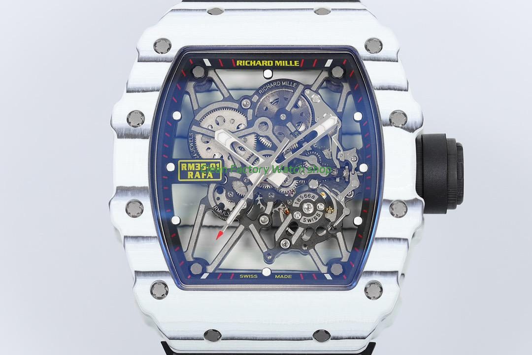 ZF Factory Richard Mille RM 35-01 42mm White Carbon Fiber Black Rubber Strap White Skeletonized Dial (6) ZF Factory Richard Mille RM 35-01 42mm White Carbon Fiber Black Rubber Strap White Skeletonized Dial (6)